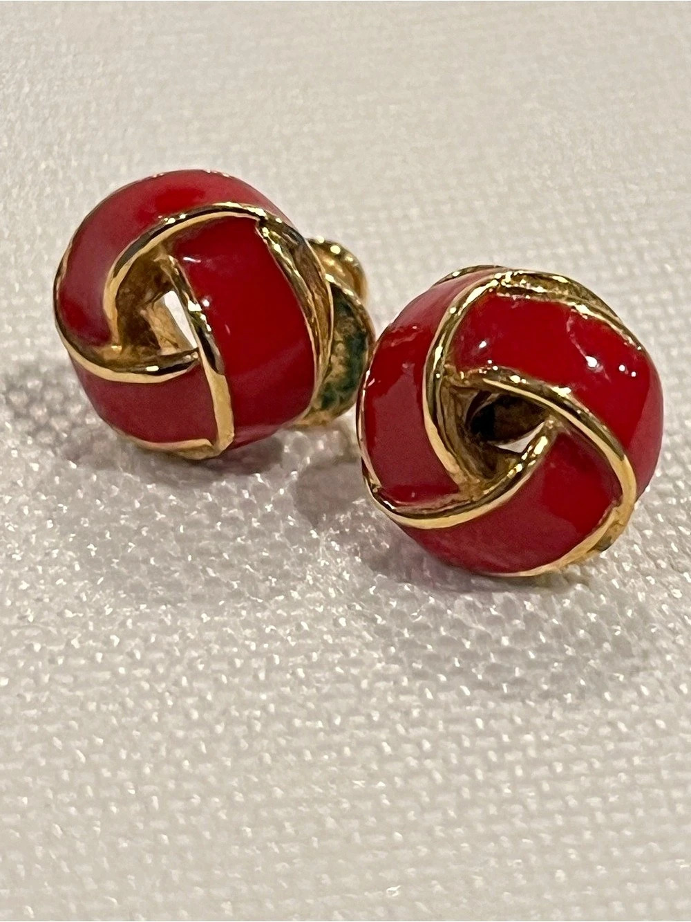 Monet Vintage Gold-Tone & Red Enamel Love Knot Stud Earrings